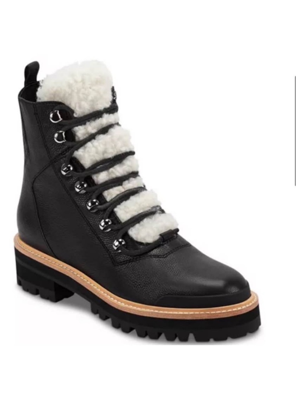 Marc Fisher Black Leather Lace-Up Combat Boot with White Shearling